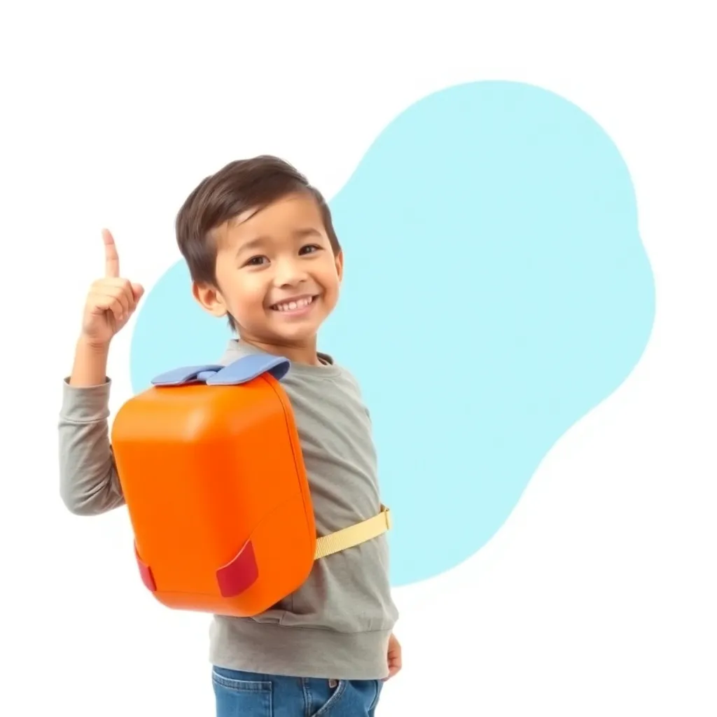 Smiling child with orange rocket backpack pointing up, isolated on white background with light blue abstract shape behind
