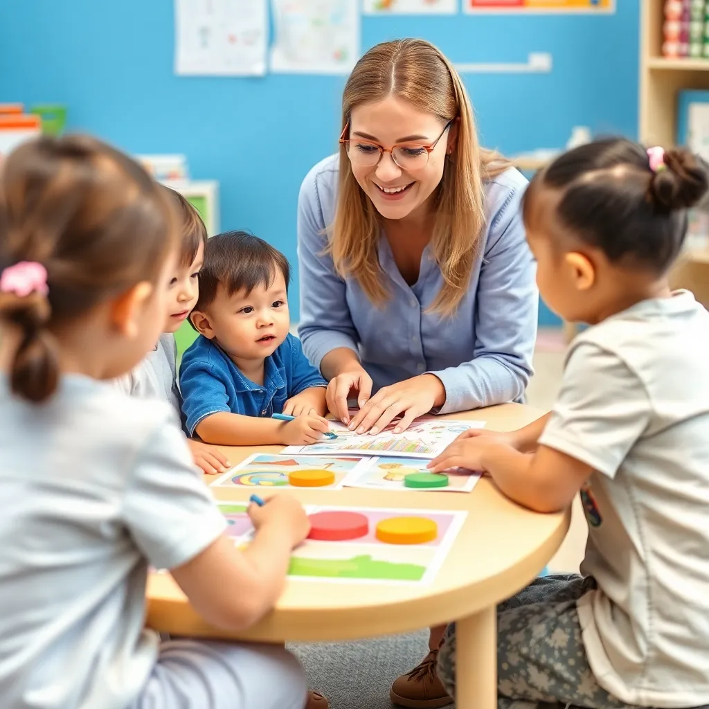 Teacher engaging with children in an interactive learning session with colorful educational materials