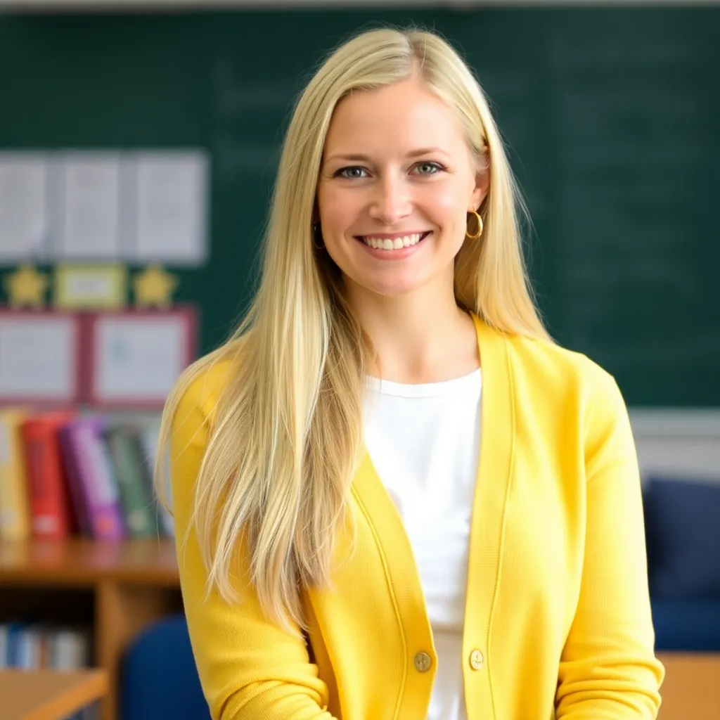 Jane Doe smiling female teacher with short brown hair wearing a blue blouse