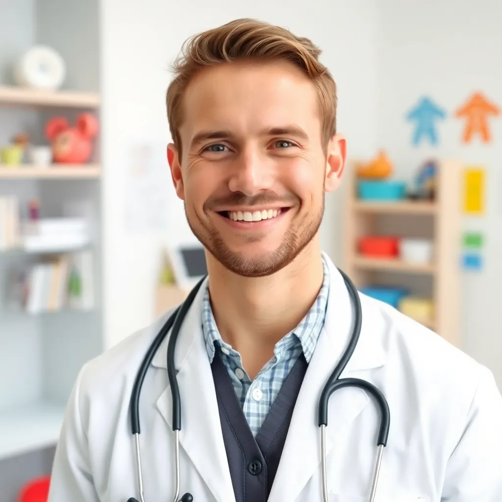 Friendly female nurse with stethoscope smiling and interacting with children in a bright clinic room